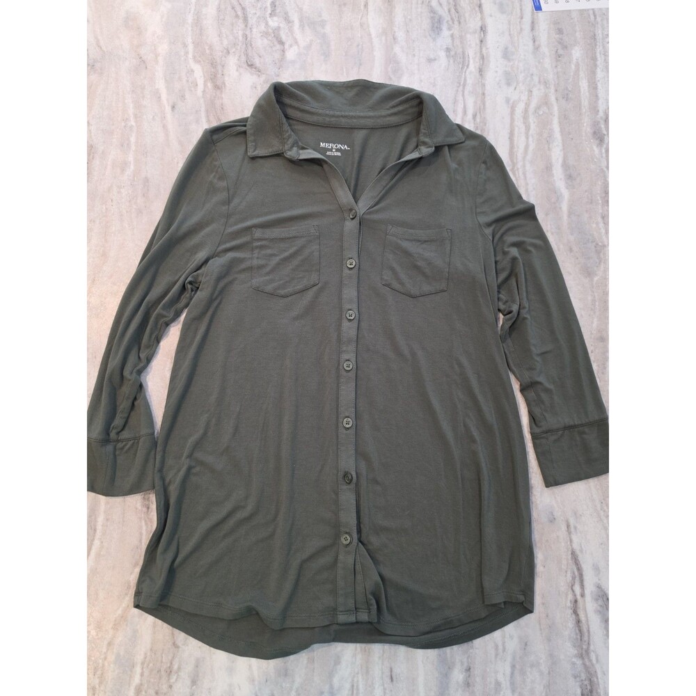 Merona Women's Medium Olive Green Button Front Shirt Long Sleeve Top - Medium